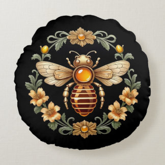 Art Nouveau Bee on Black Rond Kussen