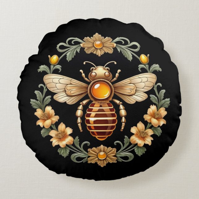 Art Nouveau Bee on Black Rond Kussen (Voorkant)