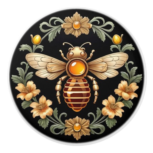Art Nouveau Bee op zwart Keramische Knop (Voorkant)
