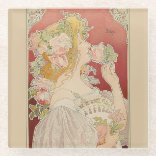 Art Nouveau Belle Époque Damesrozen Livemont Glazen Onderzetter