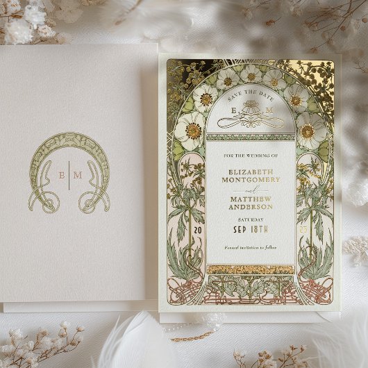 Art Nouveau Bewaar de datum Bruiloft Gouden Folie Folie Uitnodiging