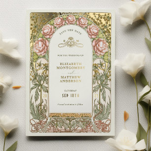 Art Nouveau Bewaar de datum Bruiloft Gouden Folie Uitnodiging