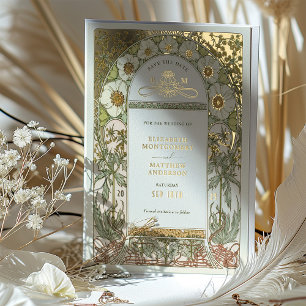 Art Nouveau Bewaar de datum Bruiloft Gouden Folie Uitnodiging