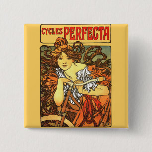 Art Nouveau Bicycle Mucha Art Vierkante Button 5,1 Cm