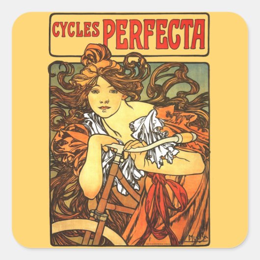 Art Nouveau Bicycle Mucha Art Vierkante Sticker (Voorkant)