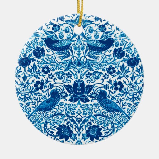 Art Nouveau Bird and Flower Tapestry, Blue & White Keramisch Ornament (Voorkant)