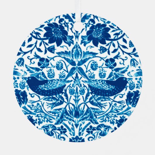 Art Nouveau Bird and Flower Tapestry, Blue & White Metalen Ornament (Achterkant)