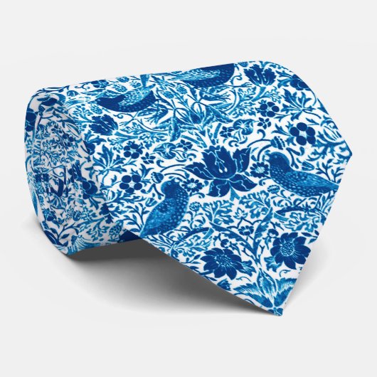 Art Nouveau Bird and Flower Tapestry, Blue & White Stropdas (Opgerold)