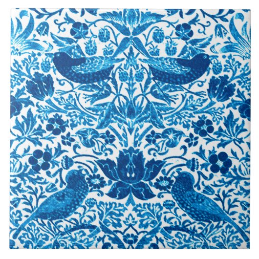Art Nouveau Bird and Flower Tapestry, Blue & White Tegeltje (Voorkant)