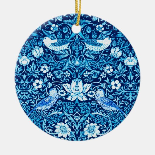 Art Nouveau Bird and Flower Tapestry, Dark Blue Keramisch Ornament (Voorkant)