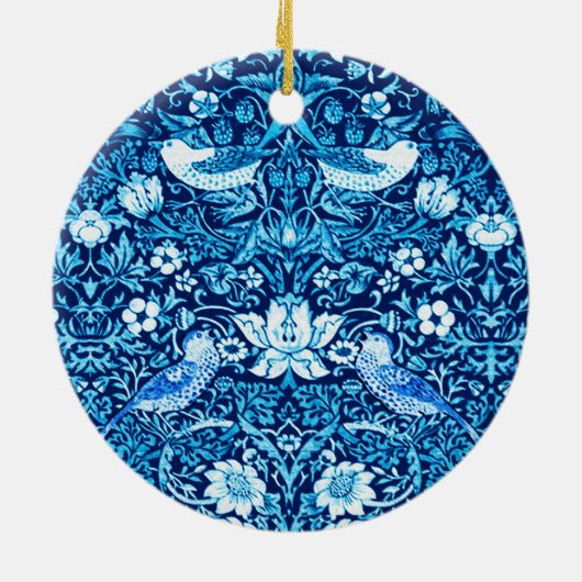 Art Nouveau Bird and Flower Tapestry, Dark Blue Keramisch Ornament (Achterkant)