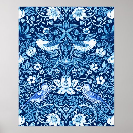 Art Nouveau Bird and Flower Tapestry, Dark Blue Poster (Voorkant)
