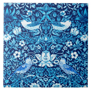 Art Nouveau Bird and Flower Tapestry, Dark Blue Tegeltje