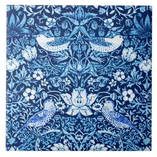 Art Nouveau Bird and Flower Tapestry, Dark Blue Tegeltje (Voorkant)