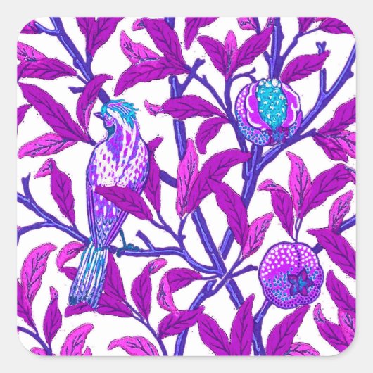 Art Nouveau Bird & Pomegranate, Amethyst Paars Vierkante Sticker (Voorkant)