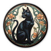 Art Nouveau Black Cat Keramische Knop (Voorkant)