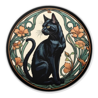 Art Nouveau Black Cat Keramische Knop