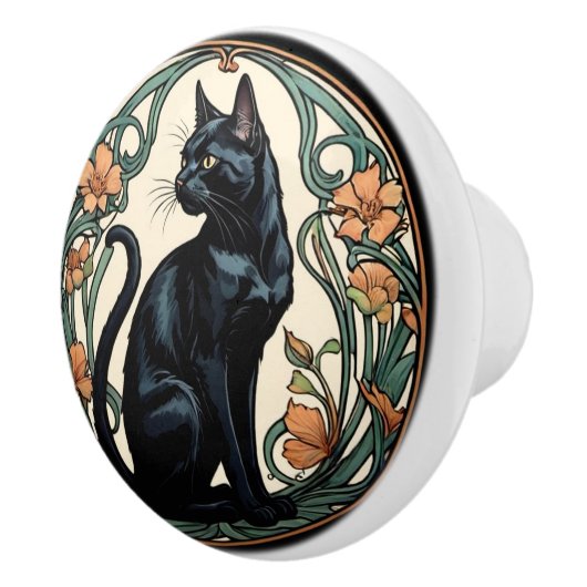 Art Nouveau Black Cat Keramische Knop (Rechts)