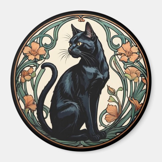 Art Nouveau Black Cat Magneet (Voorkant)