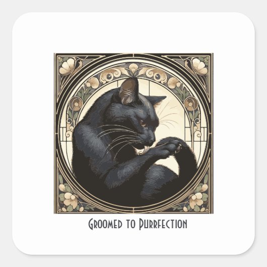 Art Nouveau Black Cat Reinigingsontwerp Vierkante Sticker (Voorkant)
