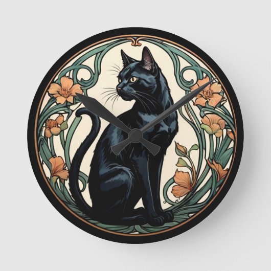 Art Nouveau Black Cat Ronde Klok (Voorkant)