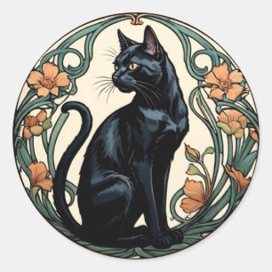 Art Nouveau Black Cat Ronde Sticker