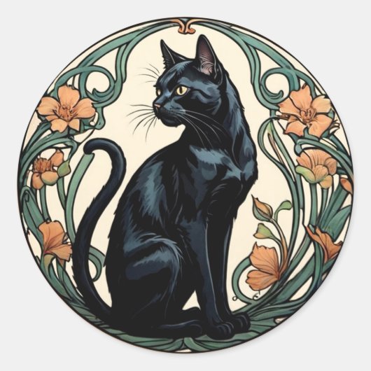 Art Nouveau Black Cat Ronde Sticker (Voorkant)
