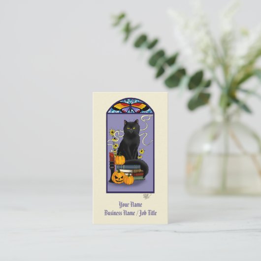 Art Nouveau Black Cat Visitekaartje (Staand voorkant)