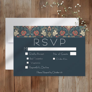 Art Nouveau Blau William Morris Bloemige Bruiloft RSVP Kaartje