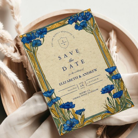 Art Nouveau Blauw Cornflower Huwelijk Save The Date