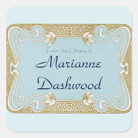 Art Nouveau Blauw en Goud Ingelijste Boekplaat Vierkante Sticker (Voorkant)