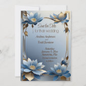 Art nouveau blauw en goud lotus bloemen bruiloft save the date (Voorkant)