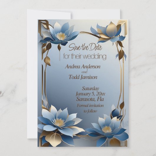 Art nouveau blauw en goud lotus bloemen bruiloft save the date (Voorkant)