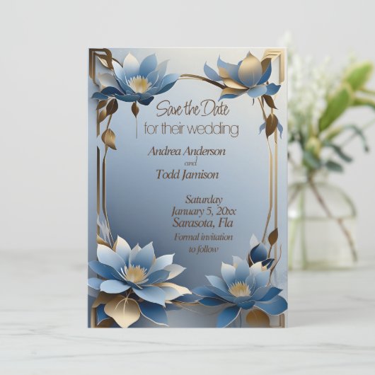 Art nouveau blauw en goud lotus bloemen bruiloft save the date (Staand voorkant)