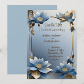 Art nouveau blauw en goud lotus bloemen bruiloft save the date (Voorkant / Achterkant)
