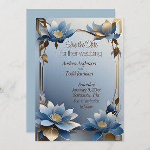Art nouveau blauw en goud lotus bloemen bruiloft save the date