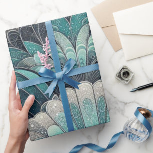 Art Nouveau Blauw en Zilver Fans Cadeaupapier