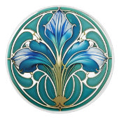 Art Nouveau Blauw Gestileerde Lelie 2 Keramische Knop (Voorkant)