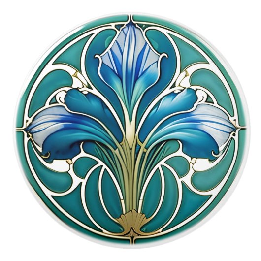 Art Nouveau Blauw Gestileerde Lelie 2 Keramische Knop (Voorkant)