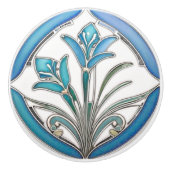 Art Nouveau Blauw Gestileerde Lelie Keramische Knop (Voorkant)