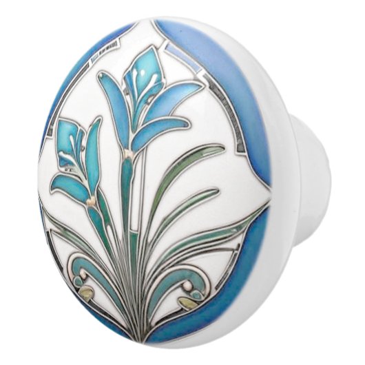 Art Nouveau Blauw Gestileerde Lelie Keramische Knop (Rechts)