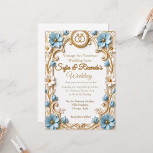 Art Nouveau-blauw & goud geëmbosseerd trouwfeest Kaart