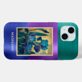 Art Nouveau Blauw Paarse Iris met Monogram Naam Case-Mate iPhone Case (Achterkant (horizontaal))