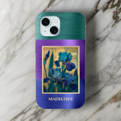 Art Nouveau Blauw Paarse Iris met Monogram Naam Case-Mate iPhone Case