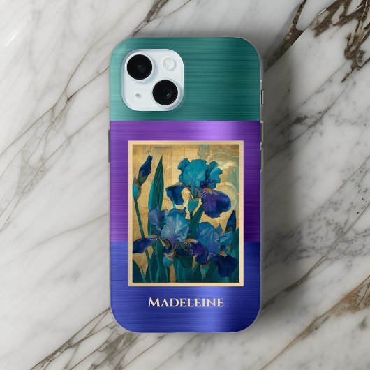 Art Nouveau Blauw Paarse Iris met Monogram Naam Case-Mate iPhone Case