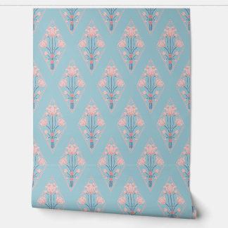 Art Nouveau Blauw Roze Bloemmotief Behang
