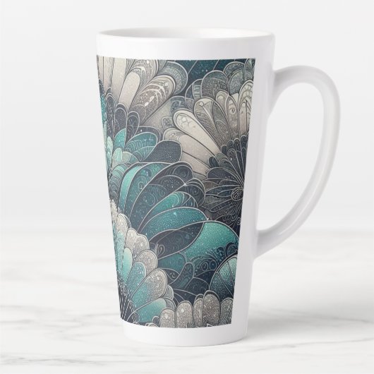 Art Nouveau Blauw Zilver Fans Latte Mok (Rechts)