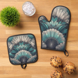  Art Nouveau Blauw Zilver Fans Ovenwant & Pannenlap Set
