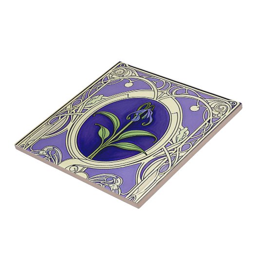 Art nouveau blauwe bel bloemenpatroon tegeltje (Zijkant)