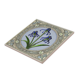 Art nouveau blauwe bel bloemenpatroon tegeltje